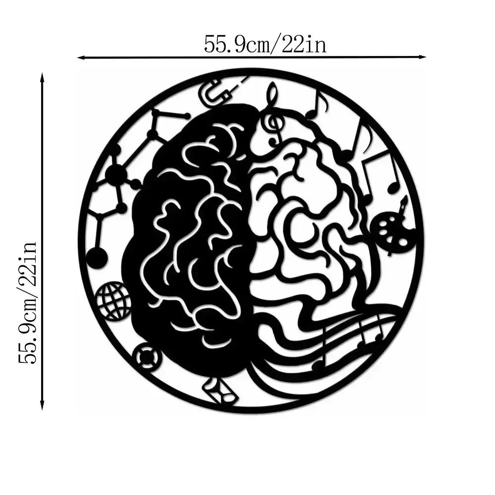 1pc Left and Right Brain Science Metal Wall Art Round 24" Black Iron Sculpture Decor Modern Home Wall Room Decoration