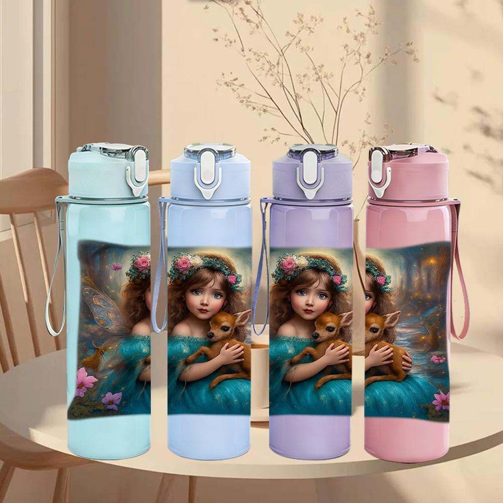 1PC Vintage Girl Oil Painting 750ml Color Plastic Sports Water Bottle Leakproof Flip Straw Lid Suitable for Sports Office Home Use