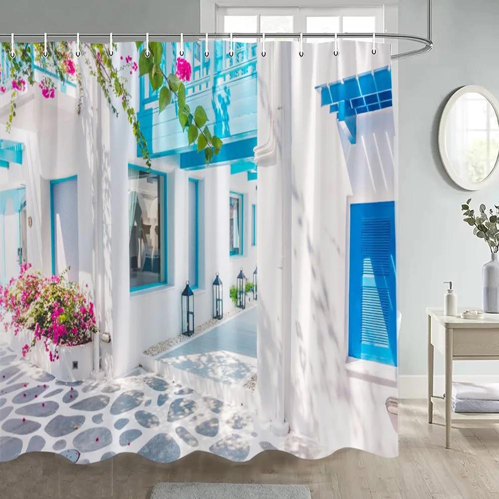 

Greek Street Shower Curtains Natural Flowers Plant Blue Door Window White Architecture Modern Garden Wall Hanging Bathroom Decor W60H190(CM)-1 Pcs