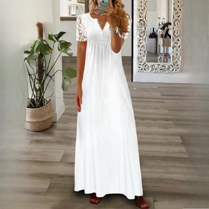 Women's Maxi Dress Lace V-Neck Hollow Short Sleeve Long Dress Summer Loose Dress