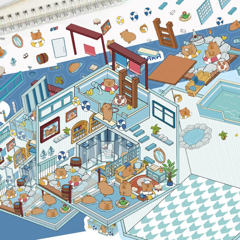 Cartoon Landscape Kapibala Bath Sticker Miniature World 3D Hut Unzip DIY Scene Manual