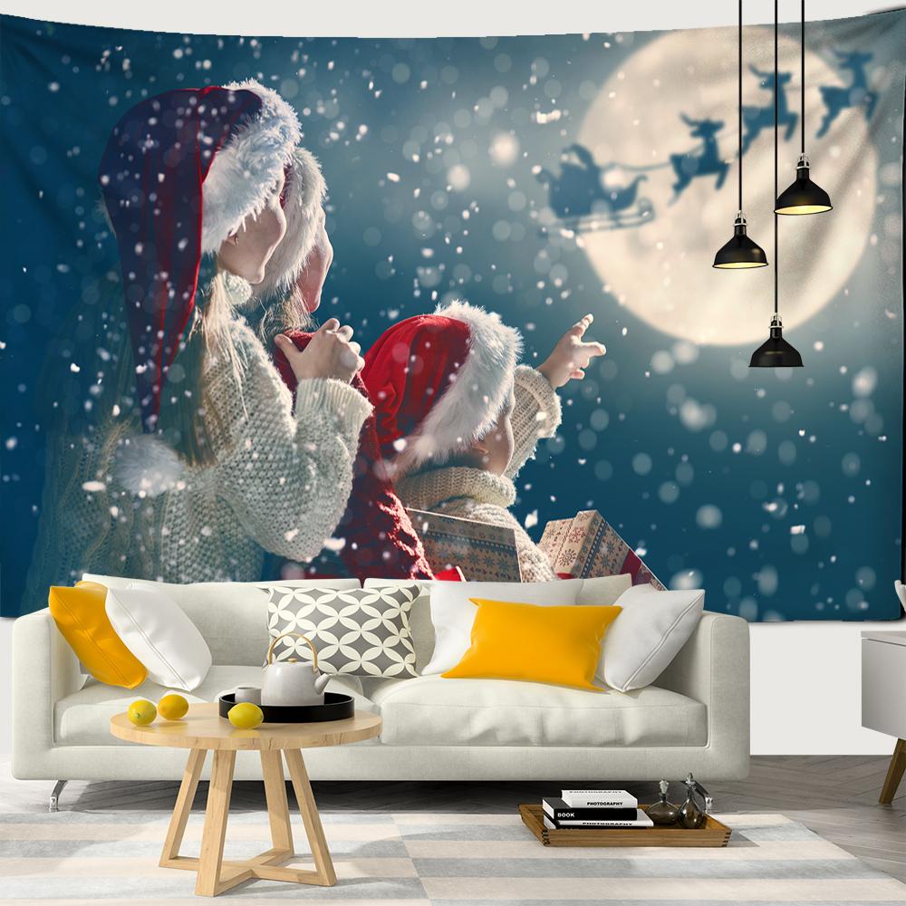 Snow Christmas Tree Fireplace Santa Claus Print Tapestry Wall Hanging Background Cloth Decor Christmas Home Room Wall Decoration