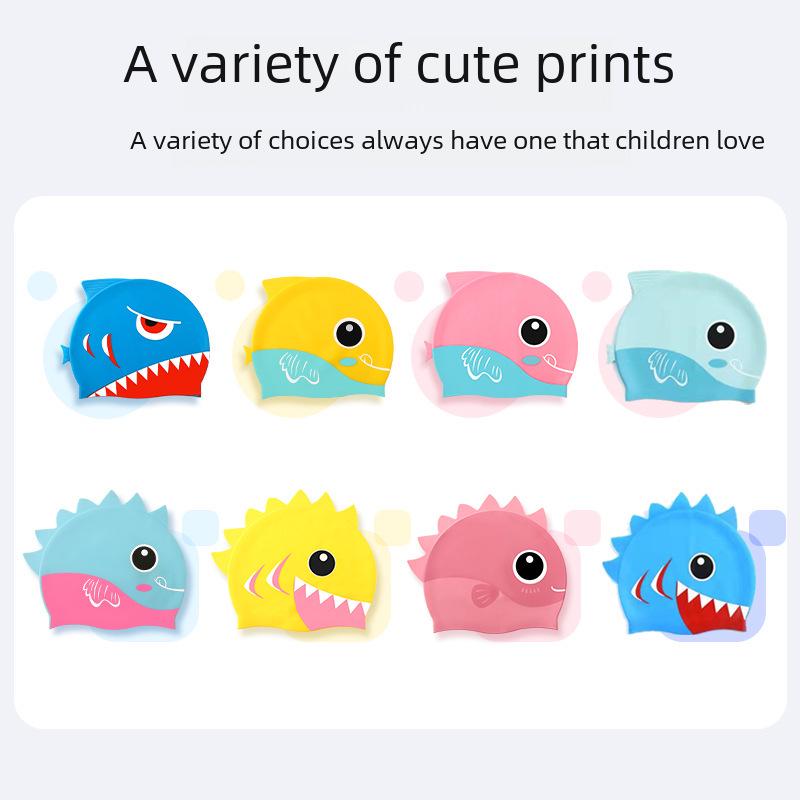 Vysoce elastické silikonové plavecké čepice pro všechny věkové kategorie - Pohodlné, netuhé s potiskem žraloka a ochranou uší pro muže, ženy a děti