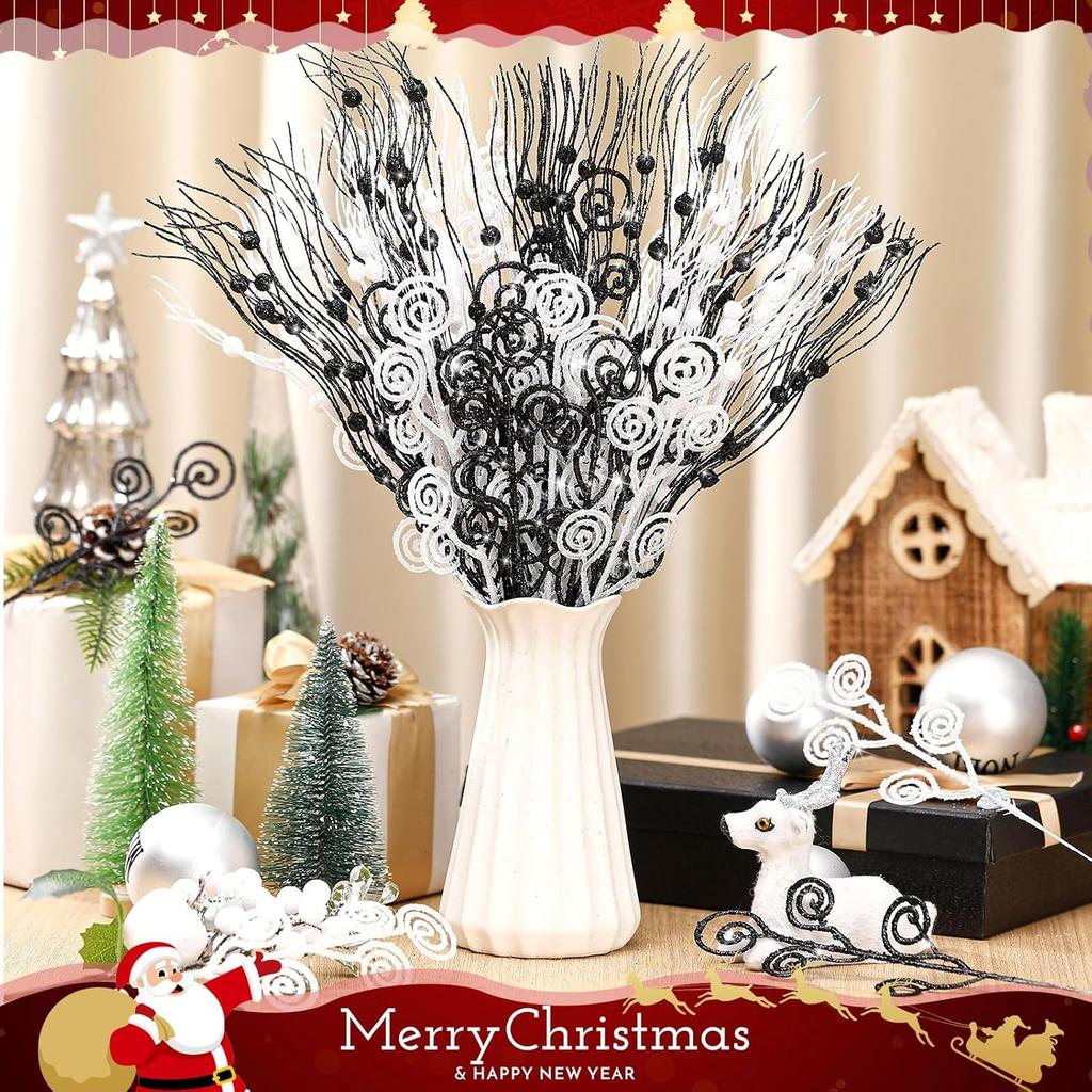36 Pcs Black White Christmas Tree Picks, 17'' & 12'' Glitter Berry Branches for Wreath, Vase, Home Decor