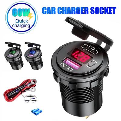 60 W USB-Typ-C-Auto-USB-Ladegerät-Buchse, 12 V/24 V Dual-USB-Steckdose Pd3.0 & QC3.0 Auto-Buchse mit LED-Voltmeter und Ein-/Aus-Schalter, schnelles C