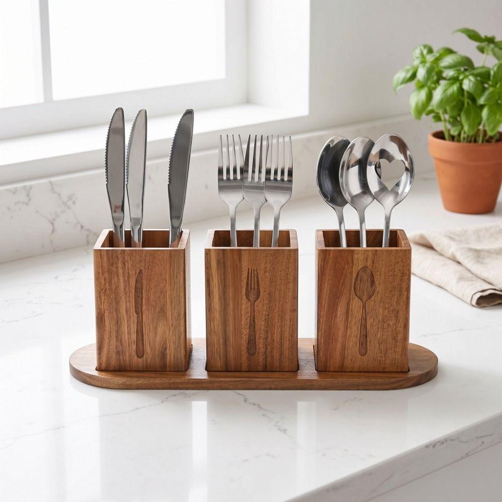 Wooden 3 Compartment Cutlery Holder Space Saving Spoons Forks Storage Box Makeup Brush