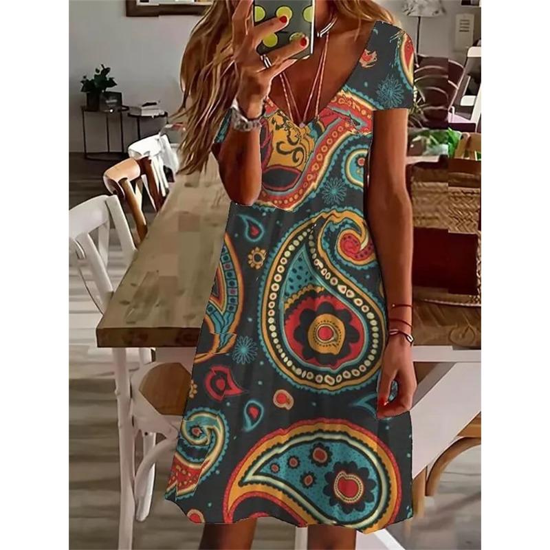 Vintage Kurzarm Damen Neues Kleid Sommer Pullover Mode Oversized Kleid Lässig Locker V-Ausschnitt Damenkleid Blumenprint