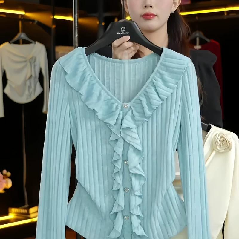 

2026 New Style Waist-Cinching V-Neck Ruffled Long-Sleeve T-Shirt for Women, Autumn Slim-Fit Base Shirt, French-Style Top 3XL