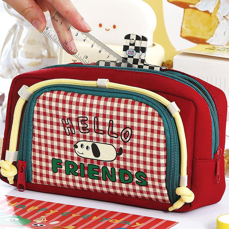 1pcs Lovely Dog Pencil Bag Pen Case, Cute Cartoon Retro Plaid Pattern Large Capacity Storage Pouch for Stationery Student