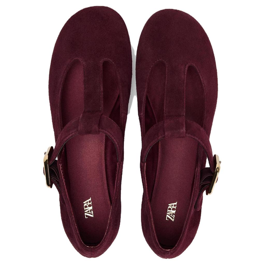 Zara Fashion Suede Buckle Decor Round Toe Casual Flats Women Flats Crimson 13504510-38