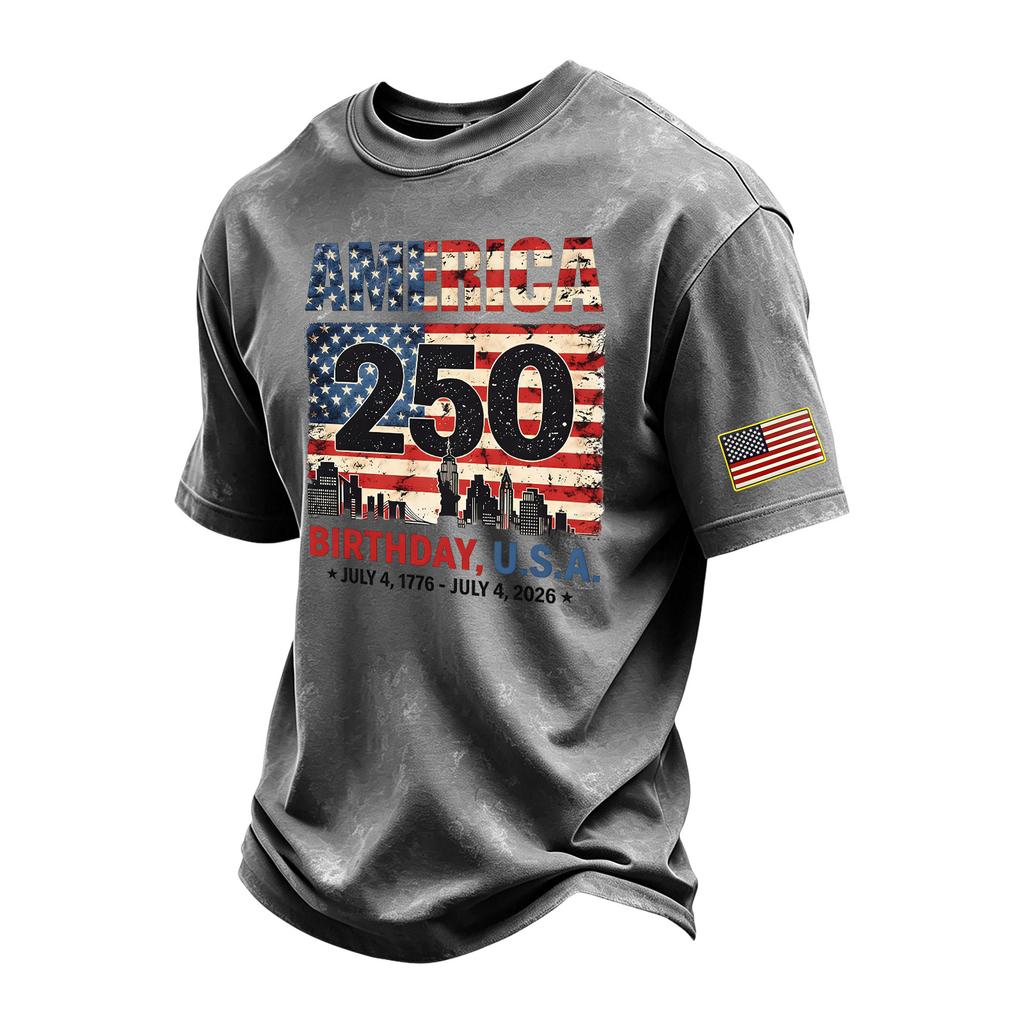 Men's Vintage Washed Short Sleeve Crew Neck T Shirt with 250th Independence Day Graphic Print and Sleeve Flag Patch Casual Tee