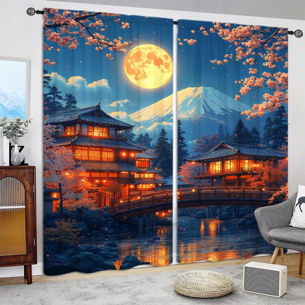 2pcs The Lights of Mount Fuji Town Under Printed Curtains   Shade and Privacy Protection   Suitable for Decorating Various Rooms