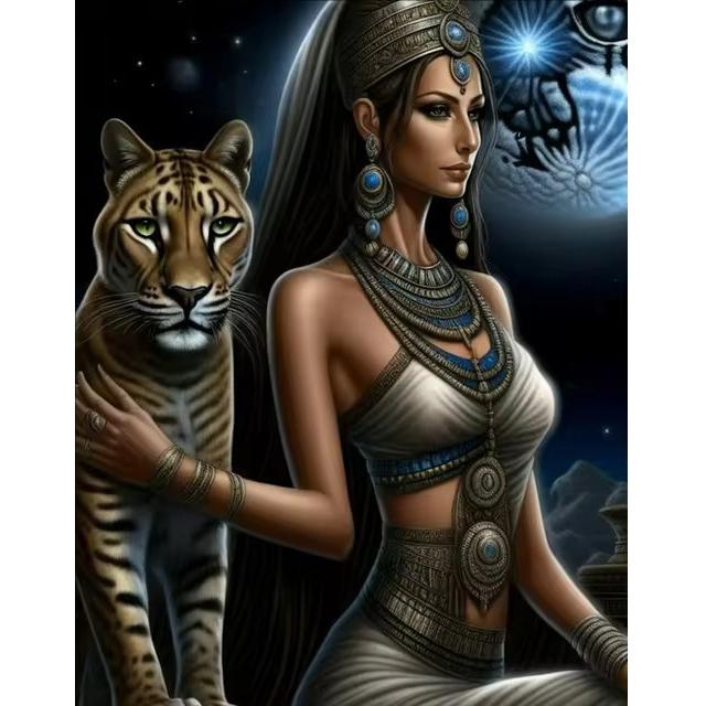 

Египетская женщина и тигр искусство DIY алмазная живопись наборы новые 2024 полная квадратная круглая алмазная мозаика вышивка крестом наборы round 40x30cm