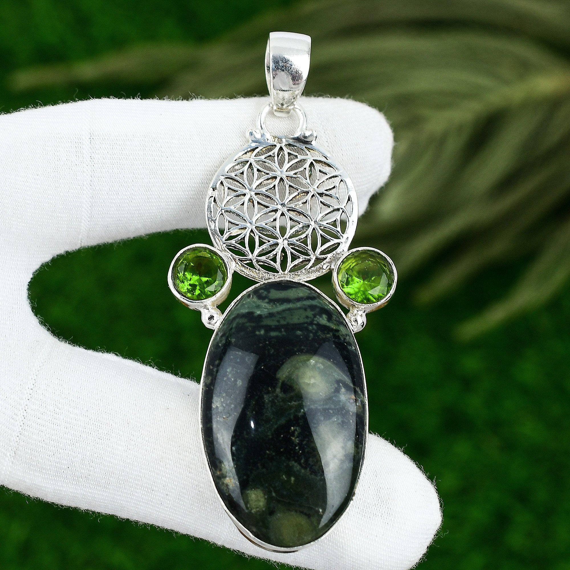 

Oval Natural Kambaba Jasper Peridot Anniversary Bezel Trendy Pendant 925 Silver