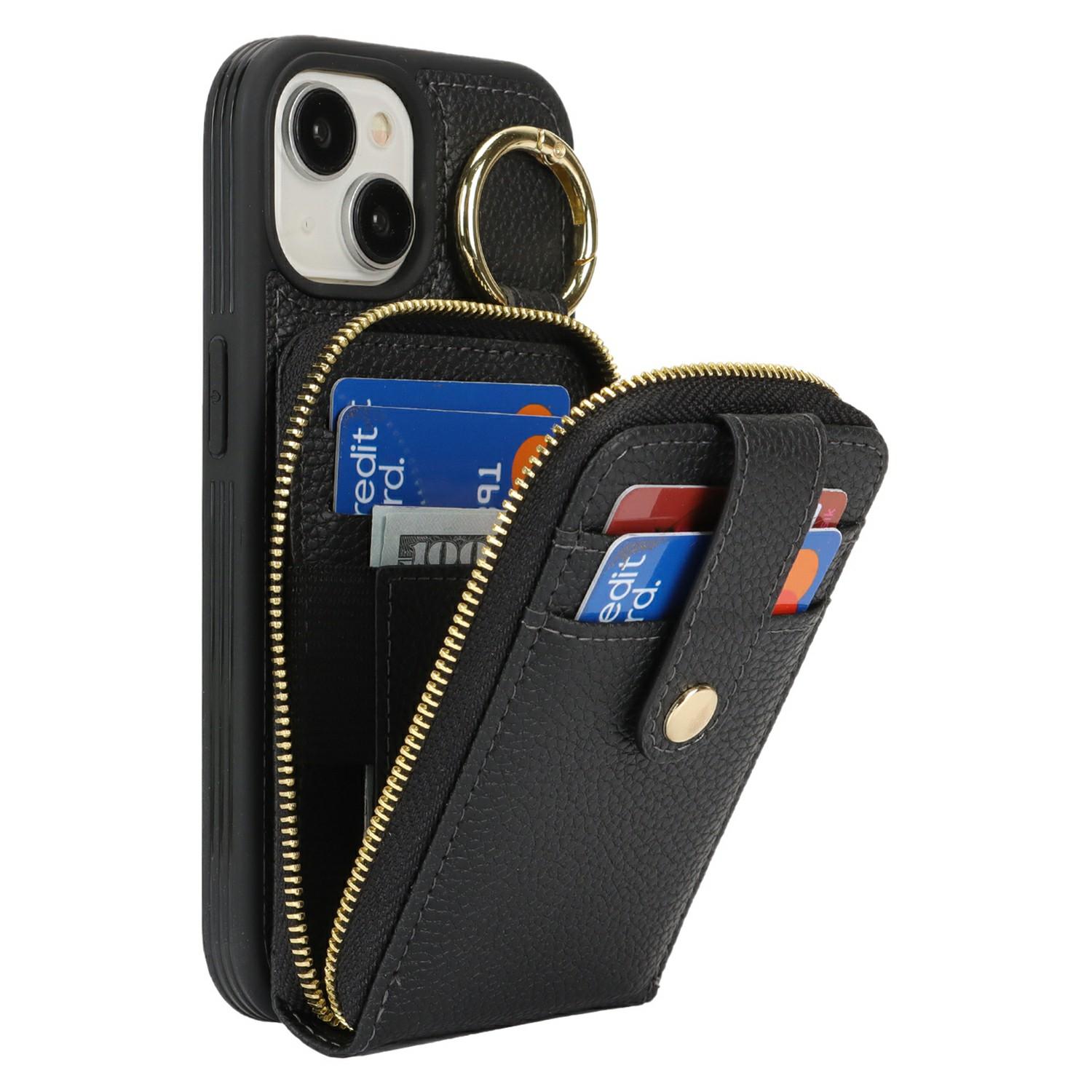 

For iPhone 15 Case with Zipper Pouch/Ring Kickstand/Strap Litchi Texture PU+TPU Phone Cover Beige