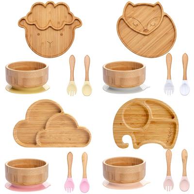 4pcs Children's Tableware Suction Plate Bowl Baby Dishes Baby Feeding Dishes Spoon Fork Sets Bamboo Plate for Kids