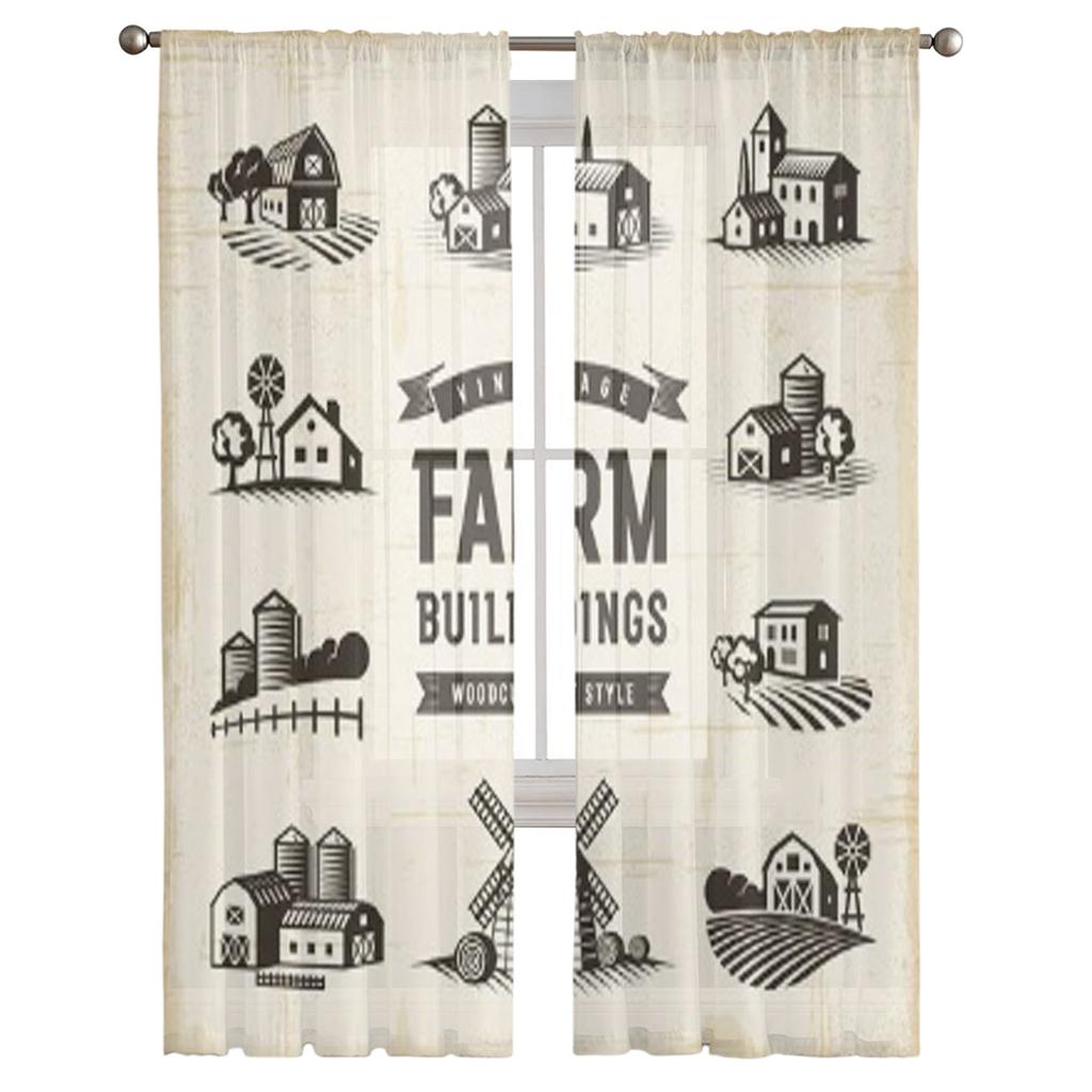 Vintage Farm Buildings Set Sheer Curtains for Living Room Transparent Tulle Window Curtain Bedroom Kitchen Decor Veil Drapes