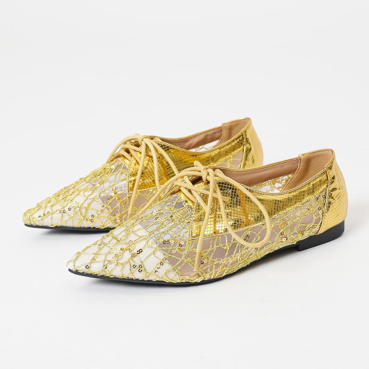 

Новые модные женские туфли-одиночки с сетчатым ремешком из шелка и плоской подошвой на весну и лето 43 золотой