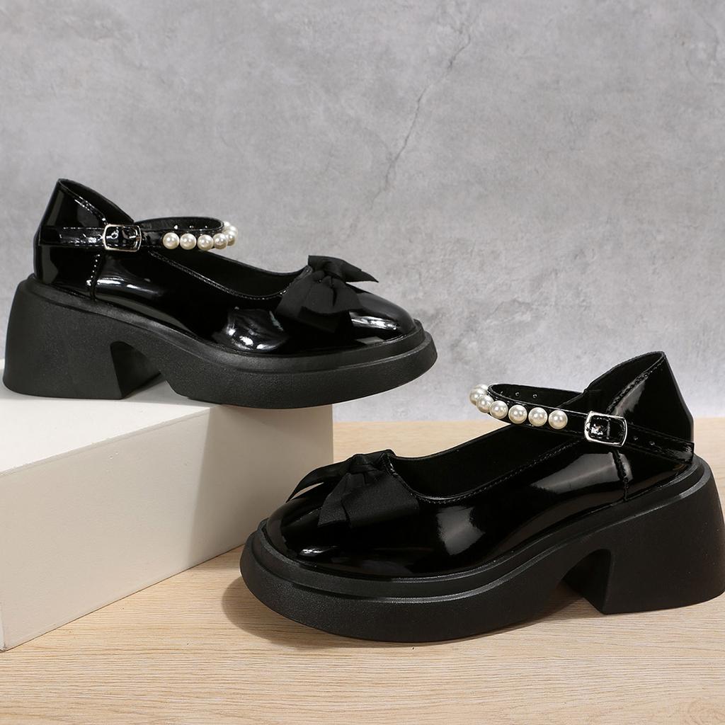 Leisure Women's Four Seasons Pearl Decoration Strap Non Slip Square Heels Round Toe Business Casual Dress Shoes for Women