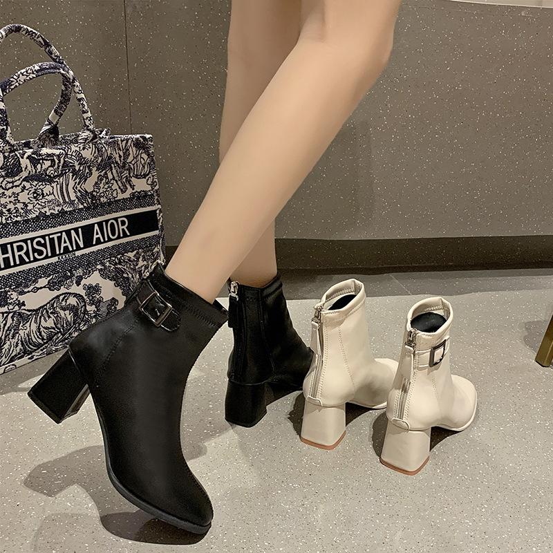 White High-heeled Short Boots Women's Autumn and Winter Square Toe Women Ankle Boots 2024 New Fashion Chelsea Boot for Woman