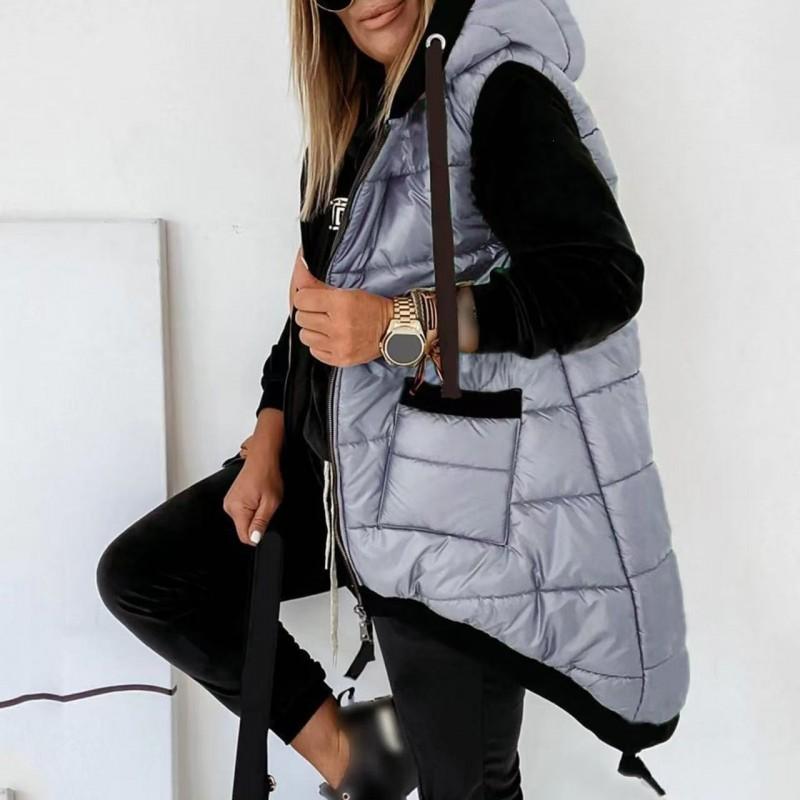 Womens Oversized Hooded Puffer Vest With Dual Front Pockets Winter Warm Cotton Blend Sleeveless Coat