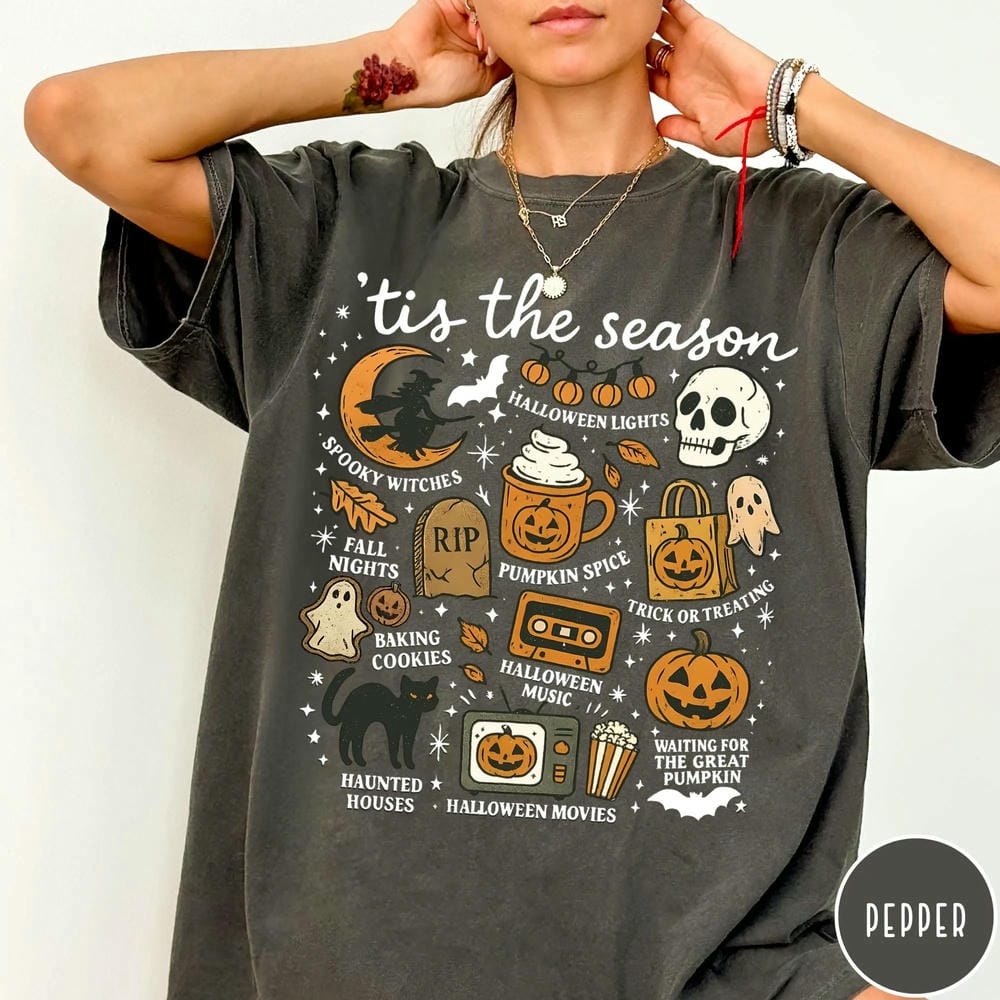 Women Vintage Dark Academia Vintage Halloween Comfort Shirt Tis the Season Pumpkin Witch Graphic Tshirt Unisex Top Streetwear