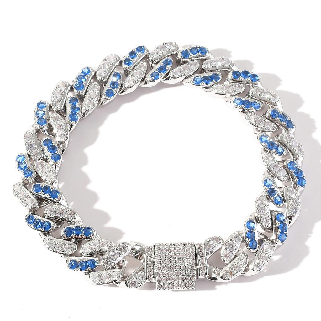 12mm Micro Inlaid Sea Blue White Zircon Silver Plated Brass Cuban Bracelet Trendy Hip Hop Anniversary Accessory