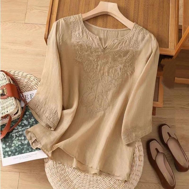 Women Floral Embroidered V Neck Three Quarter Sleeve Cotton Blouse