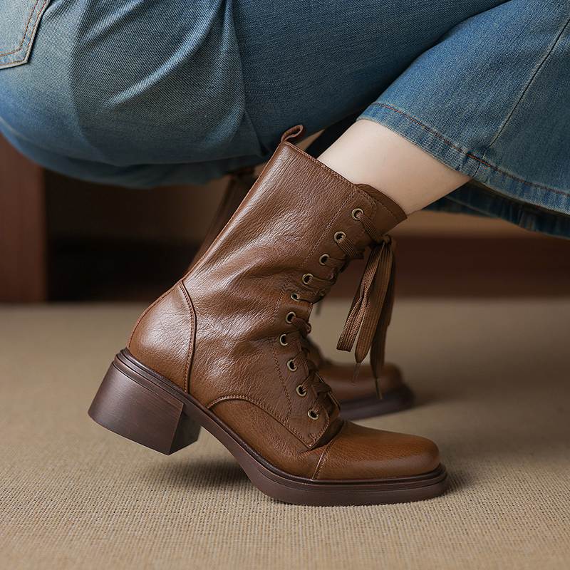 Krazing Pot Cow Skin Round Toe Thick Heels Motorcycle Boots Size 42 Lace Up Women Keep Warm Mid-calf Boots