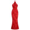 Elegant Red Halter Neck Evening Dress with Embroidered Detail
