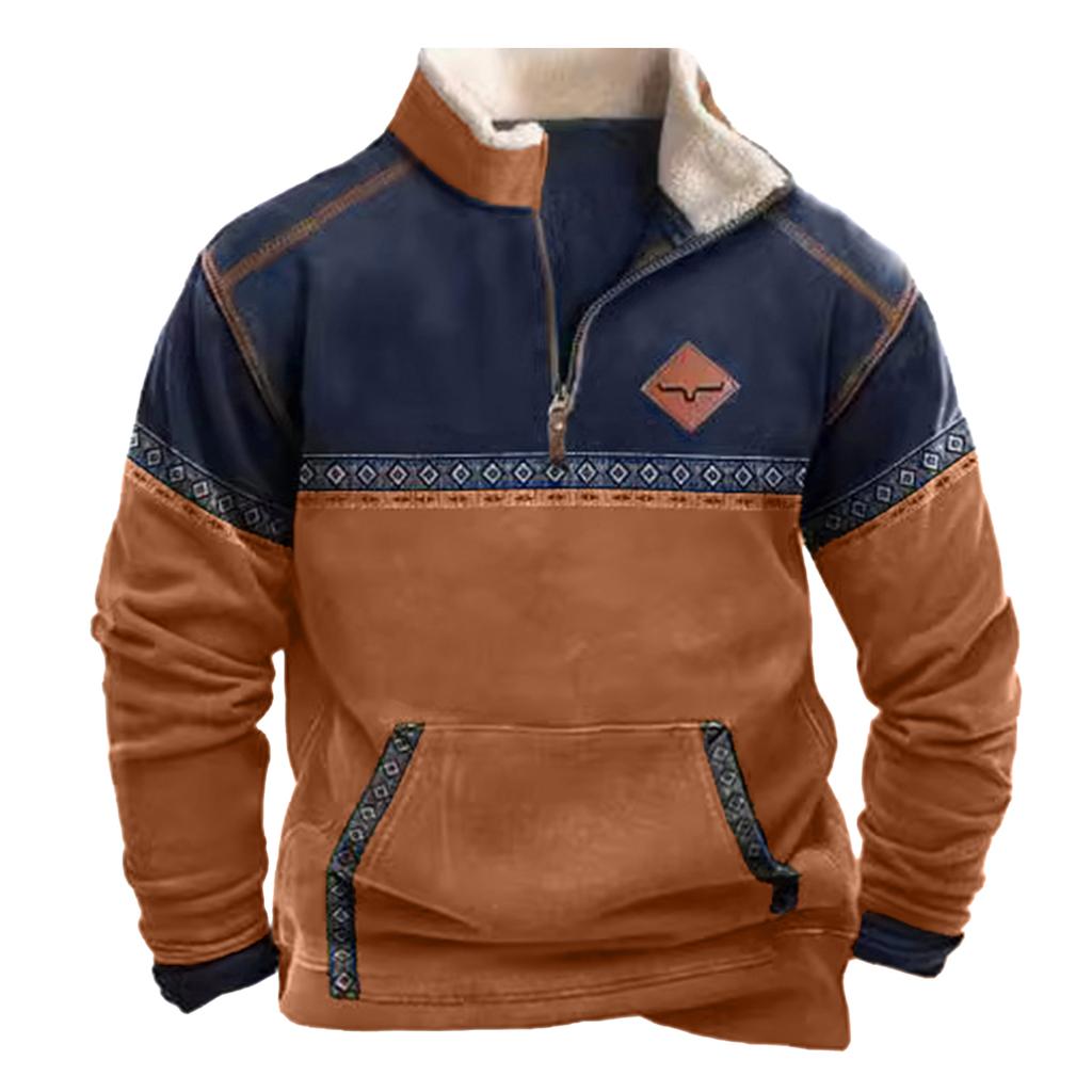 Men's Casual Pullover Jacket Half Zip Fleece Lined Sweatshirt with Front Pocket and Decorative Shoulder Lacing for Outdoor Activities