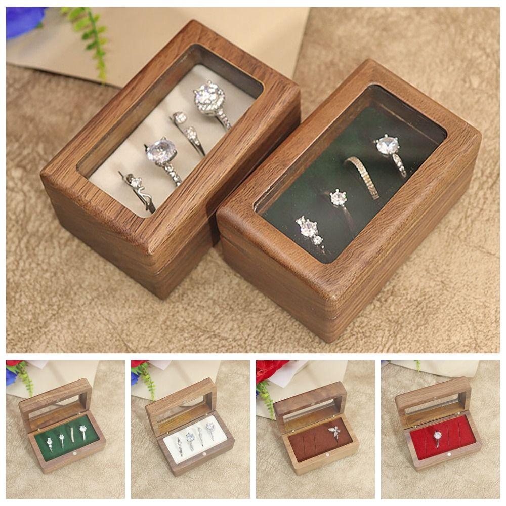 Magnetic Cover Square Rings Holder 4 Slots Jewelry Ring Holder Black Walnut Cufflinks Box  Wedding
