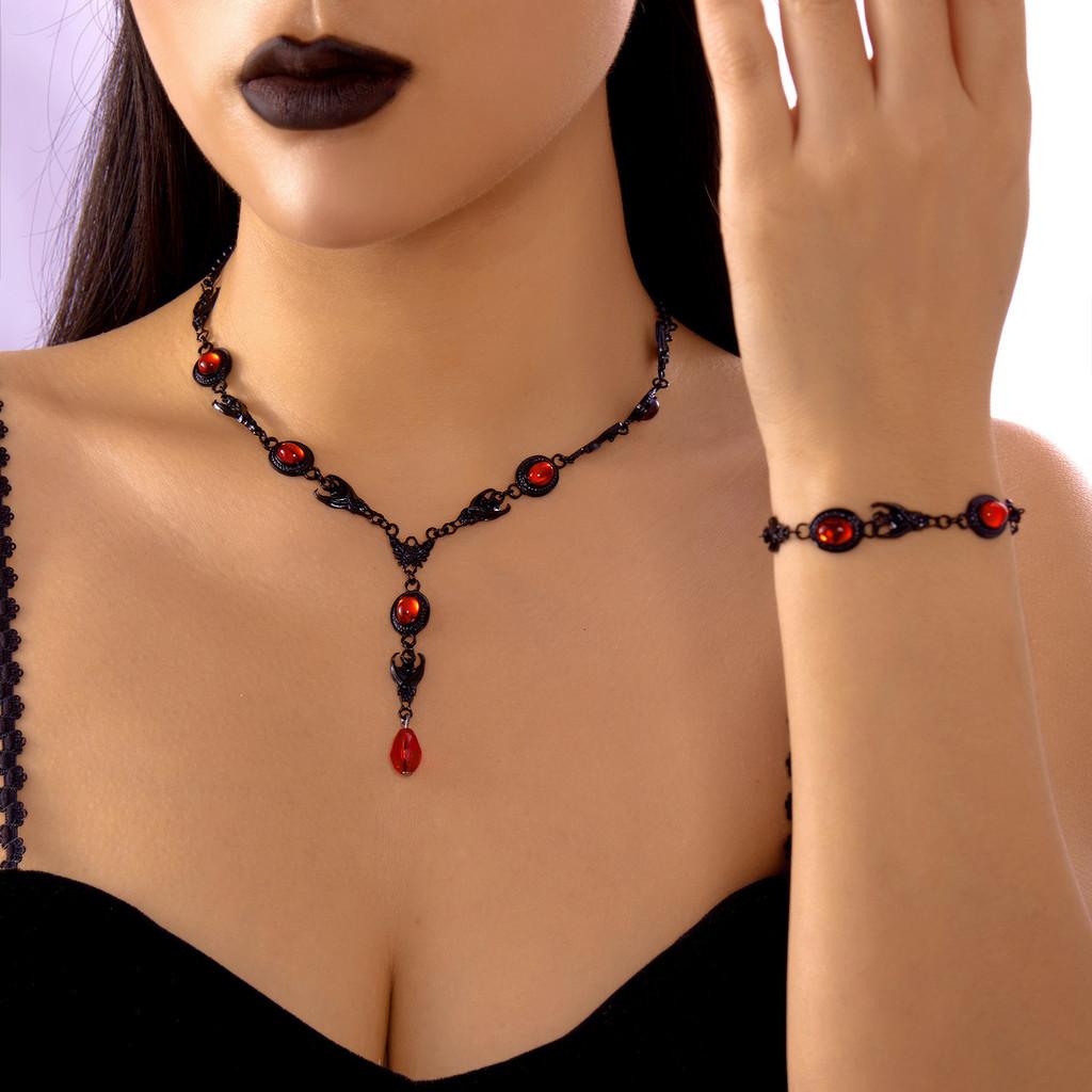Blood Drop Tassel Bat Pendant Necklace Set With Bat Charm For Men And Women