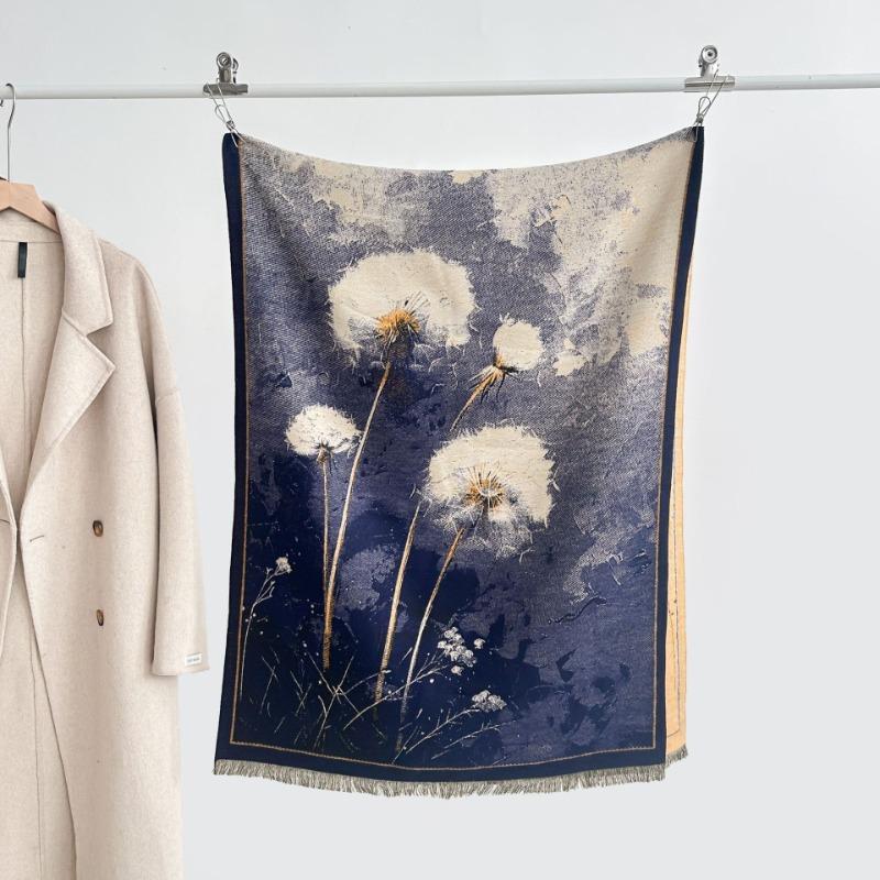 

Oil painting dandelion jacquard thickened temperament warm scarf double-sided imitation cashmere dual-purpose shawl high-end scarf 185x65cm синий