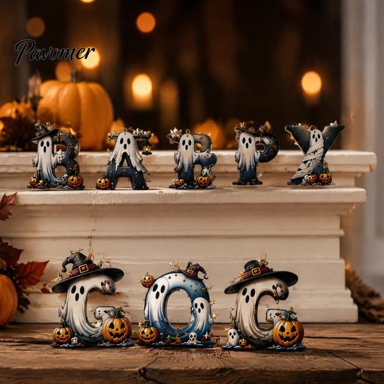 Candy Bag Packaging Embellishments Halloween Letter Ornament, Spooky Hanging Wooden Alphabet Letters Pendant with Ghost Small Craft Sets Pumpkin Witch