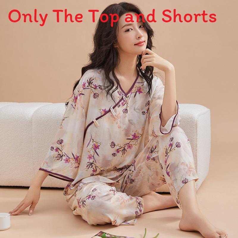 New Oriental Style Womens Pajama Twopiece With Breathable Cotton Satin For Home Use