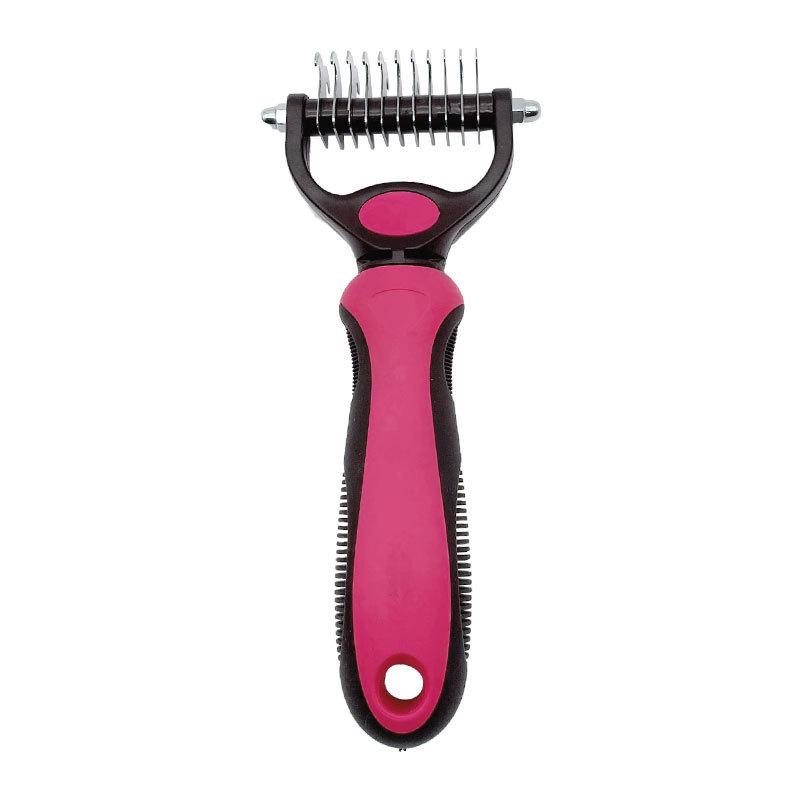 Dual-Sided Pet Deshedding Brush: Detangling and Grooming Tool with Stainless Steel Comb for Dogs and Cats. Card Packaging