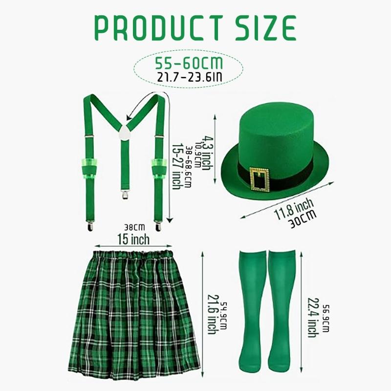 Green Leprechaun Hat Suspenders Green Thigh High Stockings and Skirt Set 4Pcs Saint Patricks Day Costume Accessories