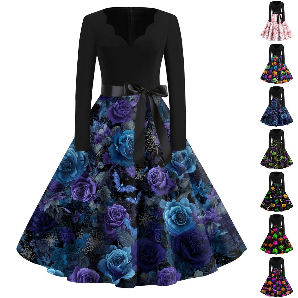 Women's Casual V Neck Halloween Print Vintage Dress Long Sleeve Retro Swing Skirt Belted Waistline Classic Fit Flared Hem