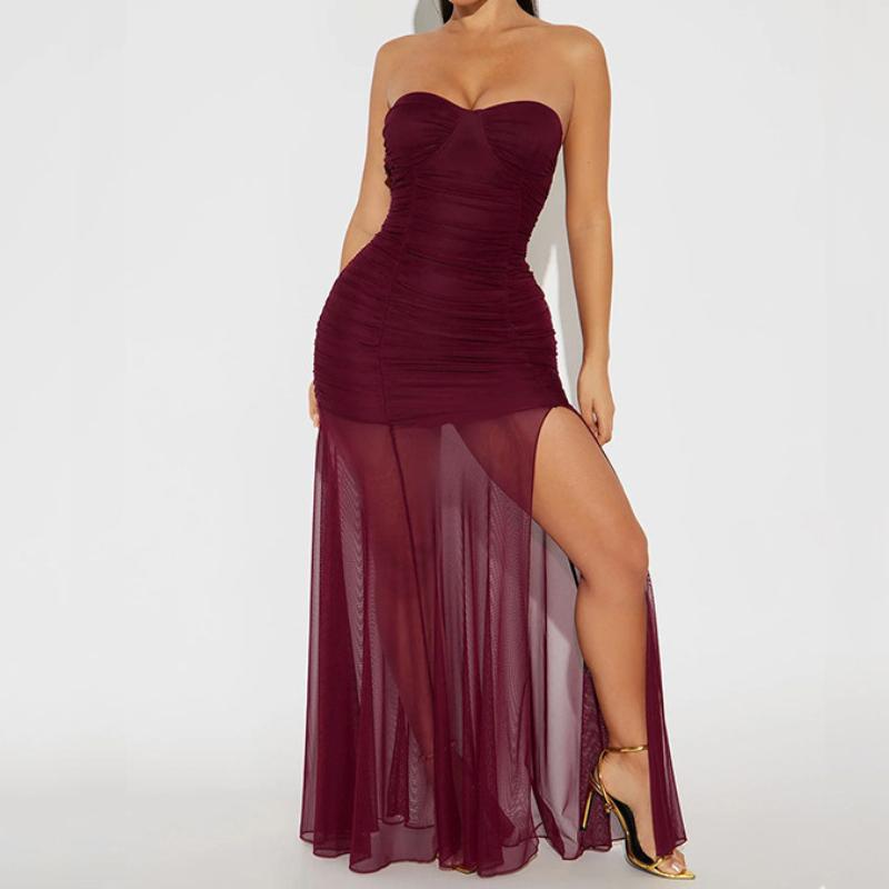 European and American Sexy Mesh Patchwork Slit Strapless Fashionable Slim Fit Dress for Women