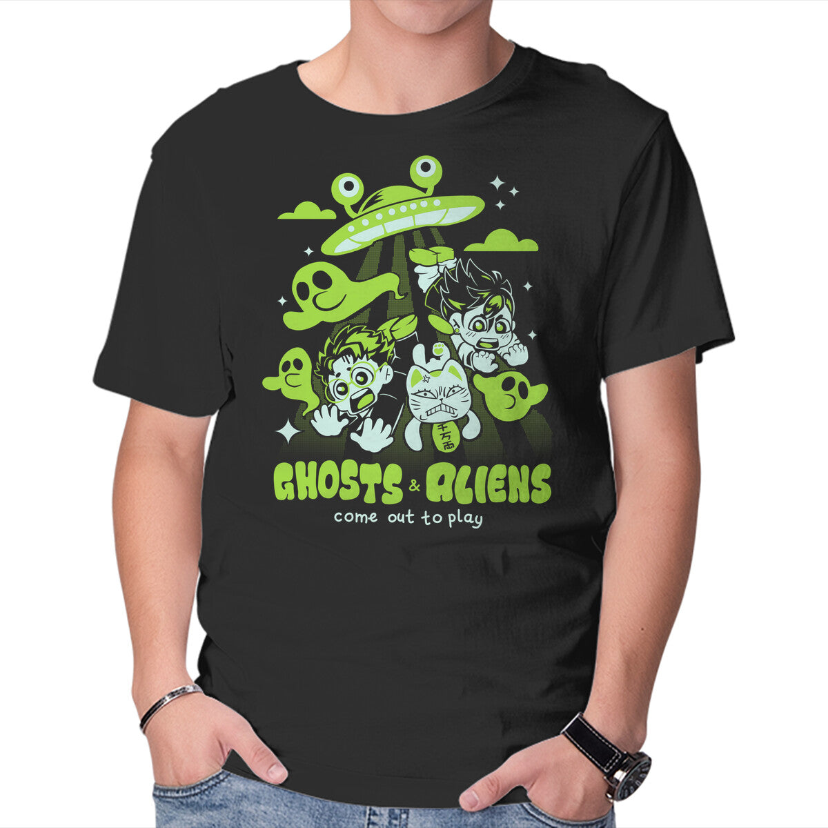 Unisex Crew Neck T-Shirt Ghosts And Aliens Graphic Short Sleeve Casual Tee XS