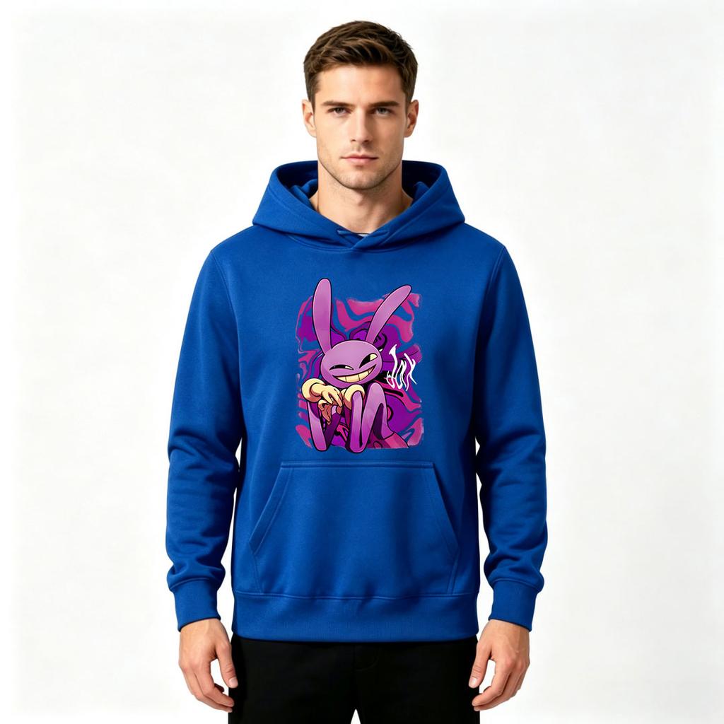 Men's Casual Pullover Hoodie, Funny Purple Bunny Cartoon Print Long Sleeve Sweatshirt for Daily Wear