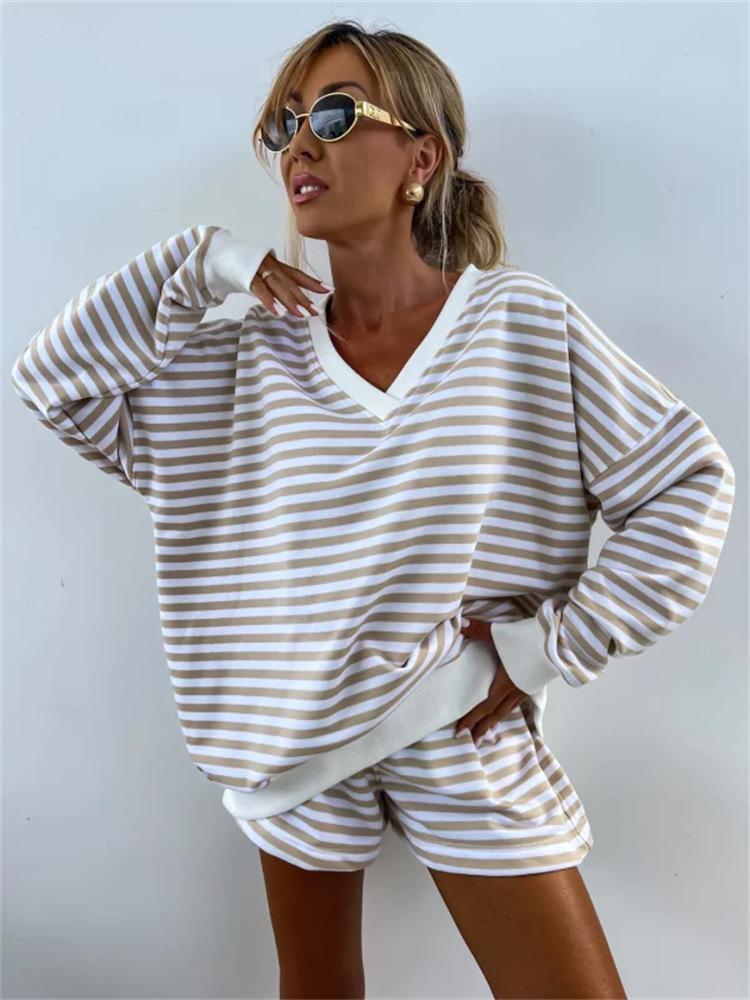 New Summer Women's Casual Striped Lounge Set Long Sleeve V-Neck Loose Top with Sports Shorts 2-Piece