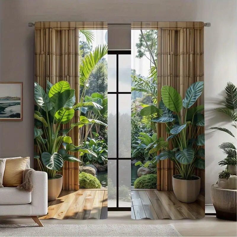 Bamboo leaf and green plant printed curtains are suitable for bedrooms and living rooms, home decoration, and Christmas