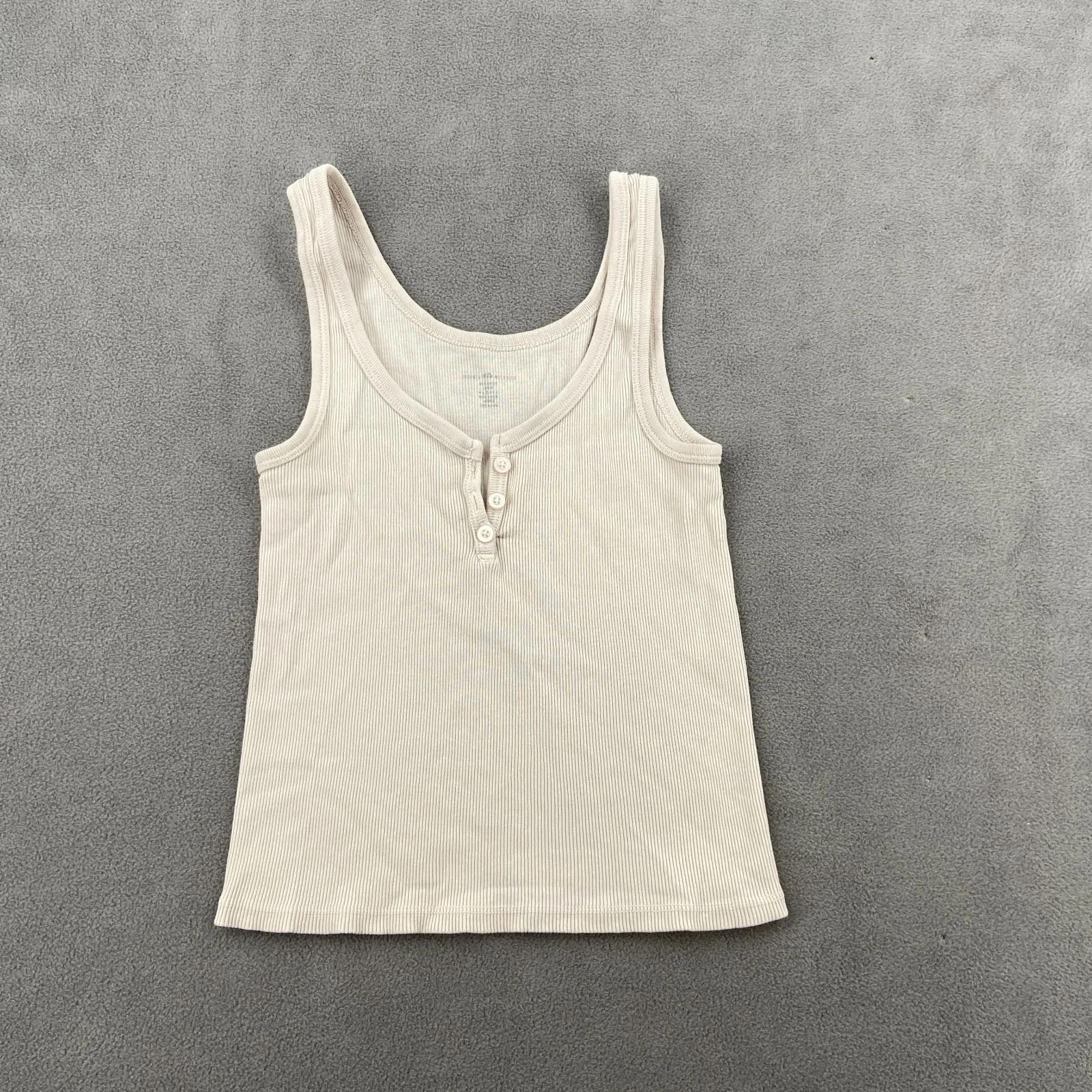 Brandy Melville Ribbed Crop Tank Top Sz S Beige Wide Strap Henley Button Front 2XL