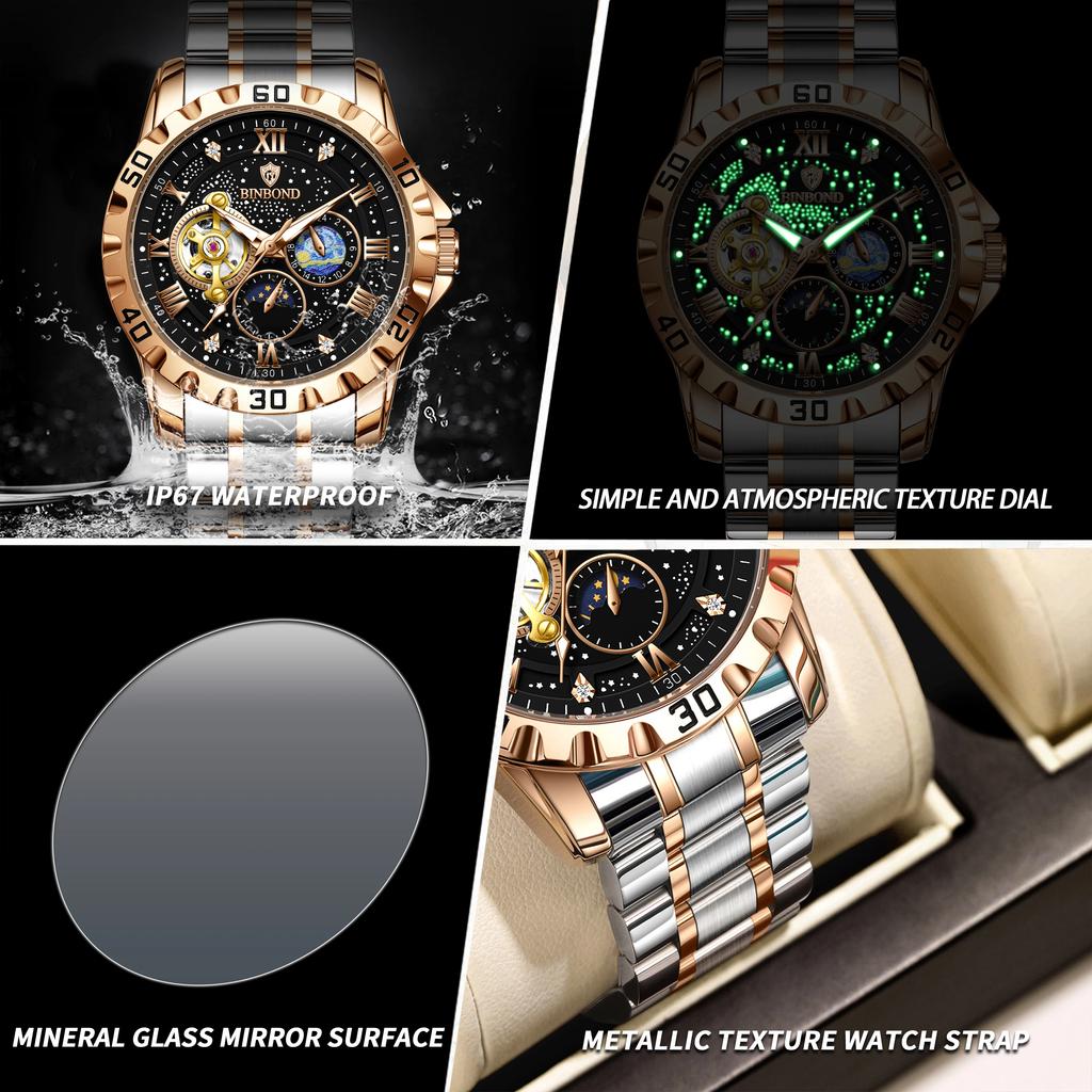 Top Luxury Men Mechanical Watch Automatic Moon Phase Man Wristwatch Hollow Tourbillon Stainless Steel Men's Watches Male