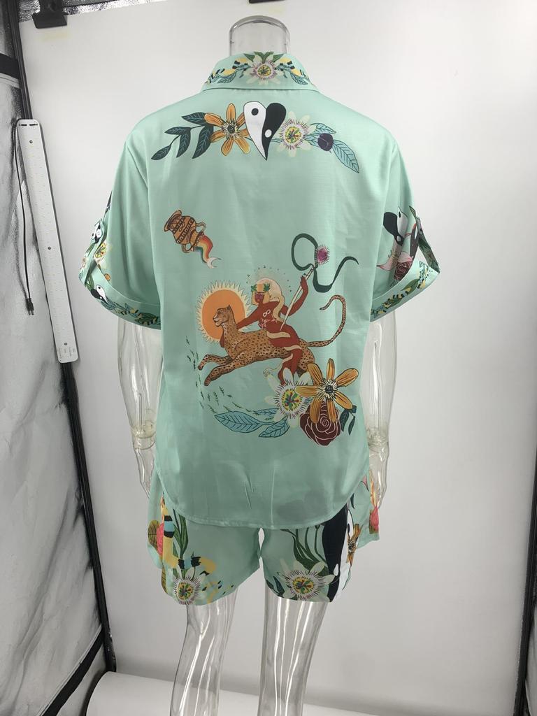 2023 New Casual European & American Two-Piece Set: Cotton & Linen Print Shirt + Shorts
