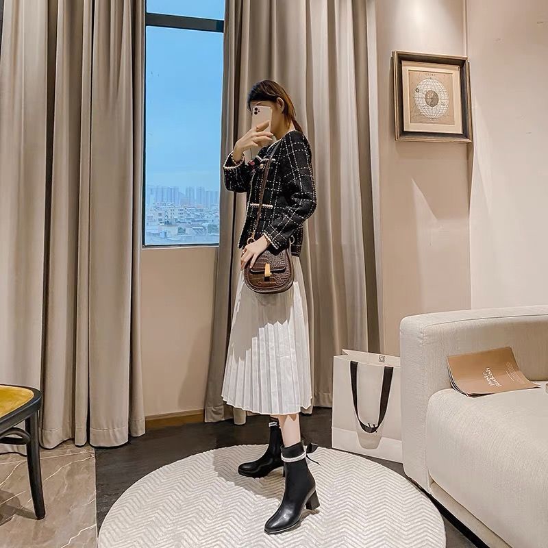 Black High Heels Footwear Mid Calf Elegant Heeled Shoes for Women Ladies Boots White Half Leather On Promotion Fashion 2025 Goth