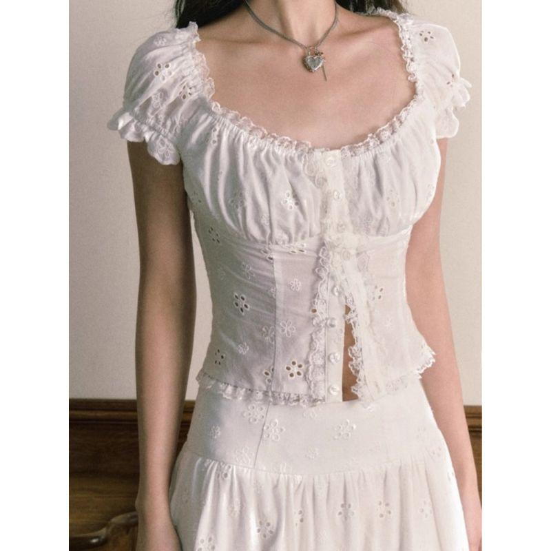 Bai Zhi Jasmine French style Palace Style Temperament Design Sense Gentle Atmosphere Sense Top + Lace Skirt Two-piece Set