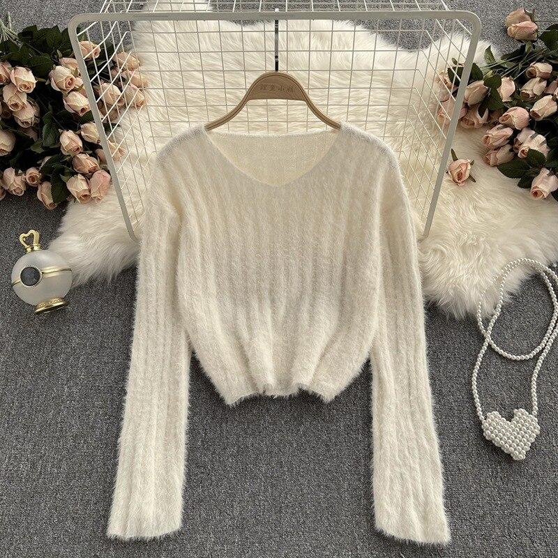 Autumn Mohair V-neck Sweater For Women Mohair Solid Color Casual Loose Soft Femme Tops Chic Hollow Out Pullovers
